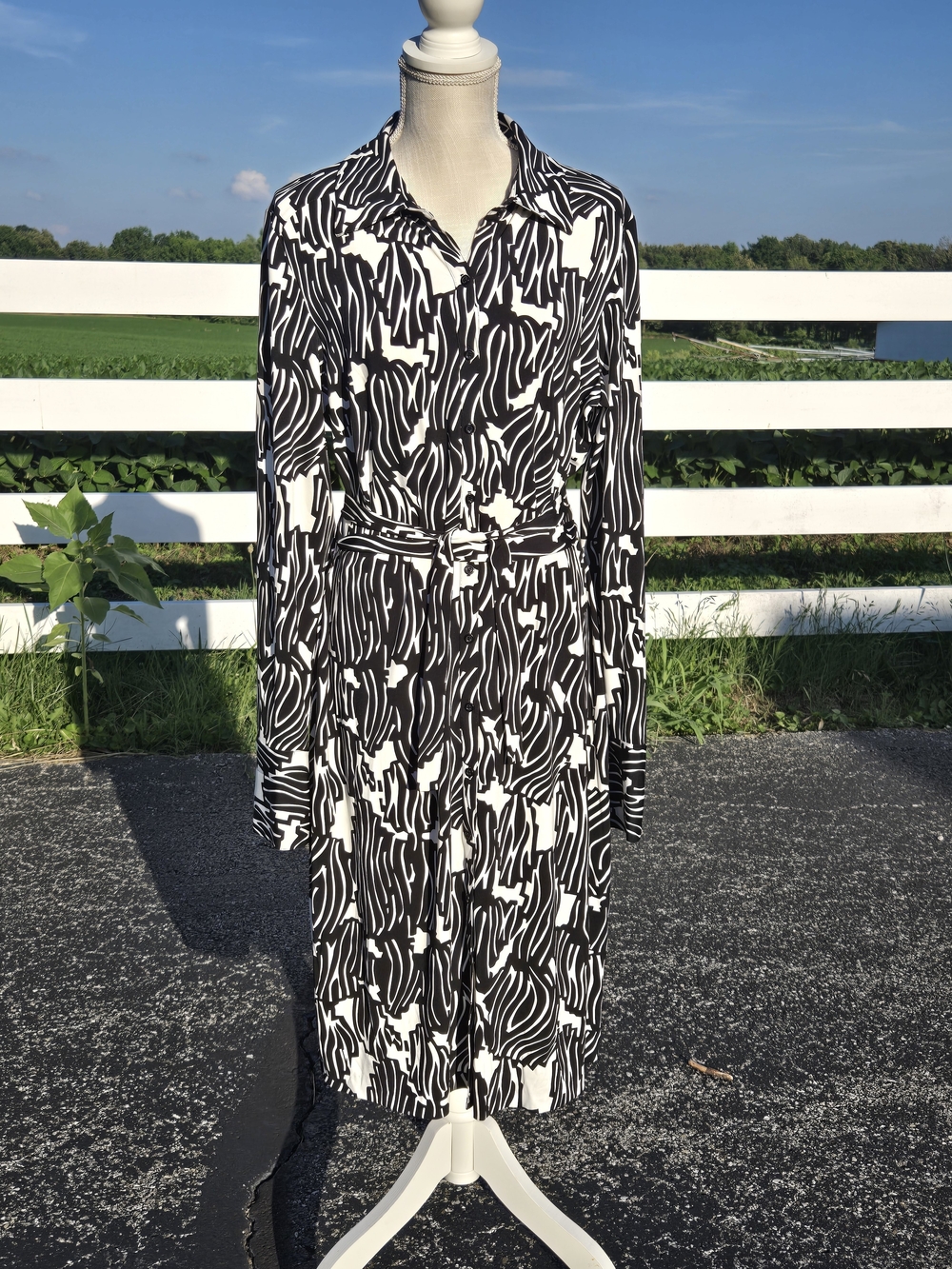 INC black and white Geometric Print Long Sleeve Belted Dress Size XL